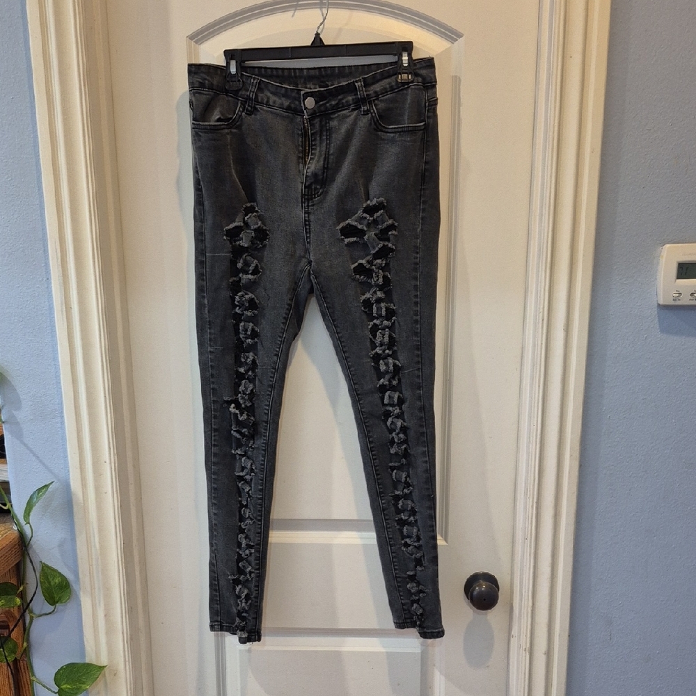Women's Black Distressed Skinny Jeans with Front Ladder Detail